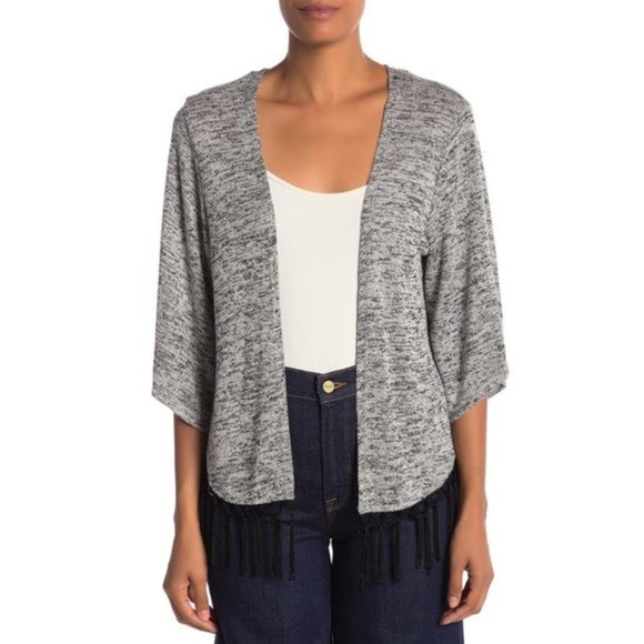 NWOT Papillon Open Front Lightweight 3/4 Sleeve Fringe Grey Cardigan XL - Picture 2 of 8